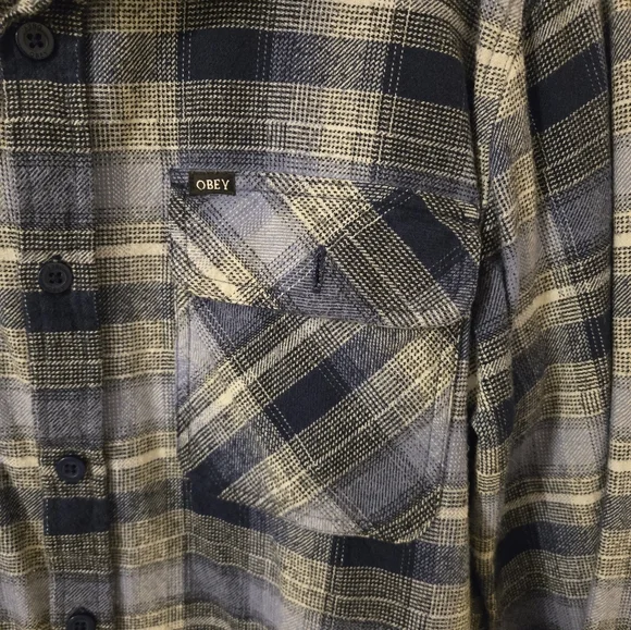 OBEY Men's Blue Plaid Flannel Shirt - Picture 3 of 8